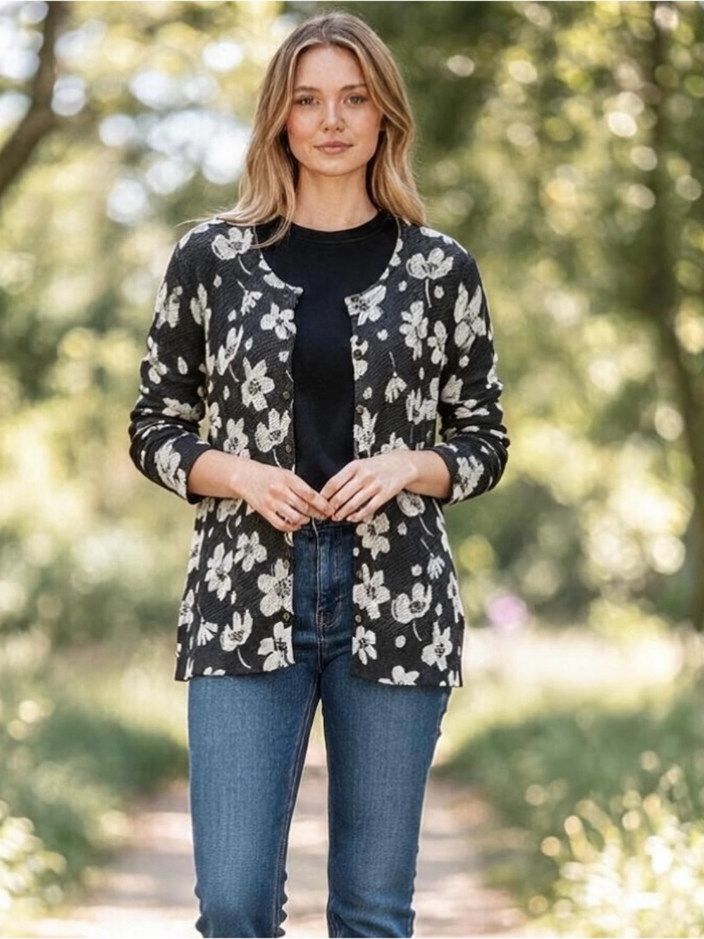 Ann Taylor Black White Floral Pointelle Knit Cardigan Sweater 100% Cotton Size M
